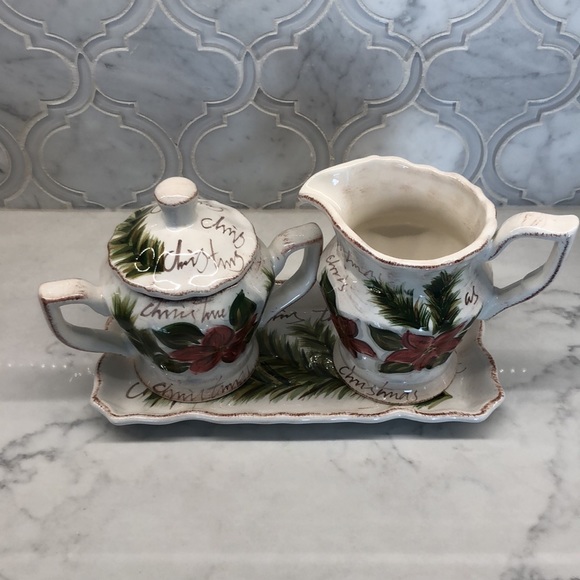 NWT Botanical Christmas Sugar & Creamer Set with Tray - Picture 2 of 14